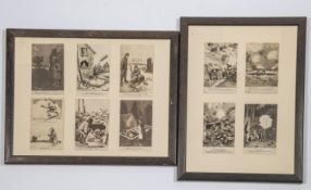 A pair of framed displays 18" x 14" comprising 10 Bruce Bairnsfather WWI "Old Bill" sepia postcards.