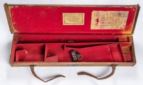 A leather bound canvas covered case for a DB gun with 30" barrels, red felt lined with all