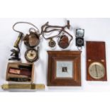 9x scientific instruments. Including; a mahogany cased compass. A wall hanging aneroid barometer.