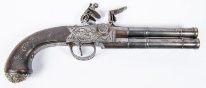 A double barrelled over and under 50 bore tap action flintlock boxlock pistol by Richards (