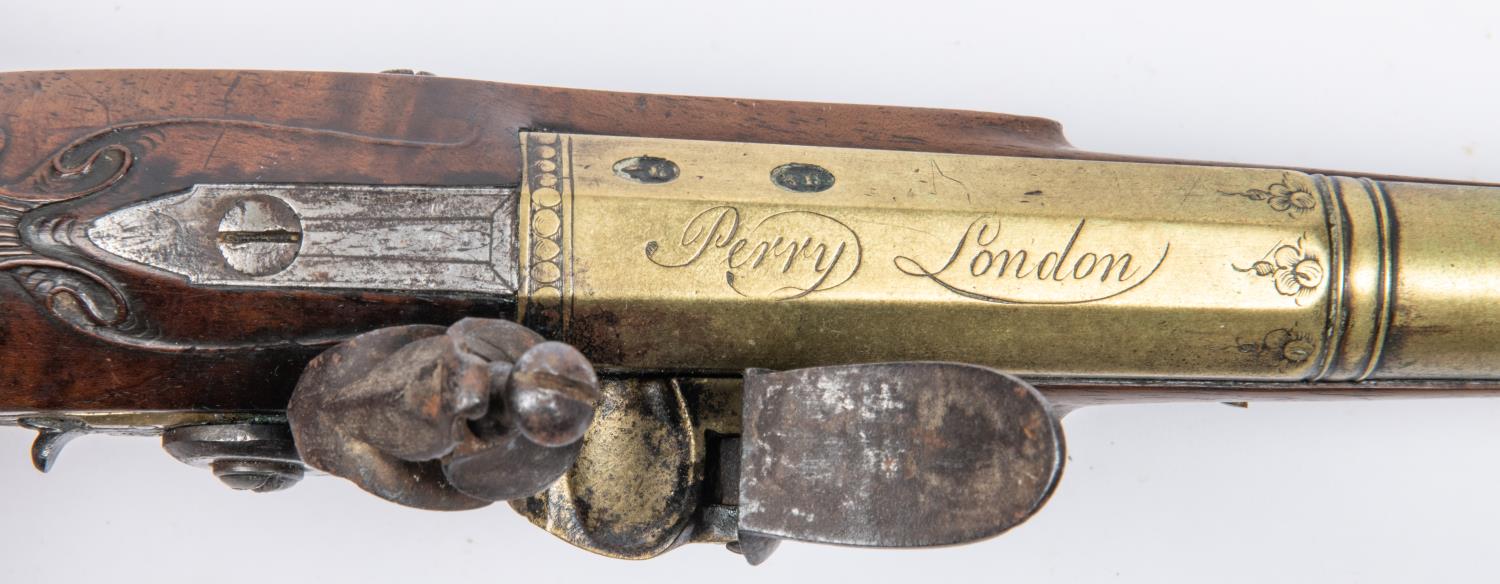 A late 18th century 24 bore silver mounted brass barrelled flintlock holster pistol, 13½" overall, - Image 5 of 6