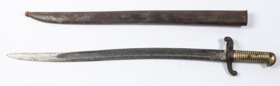 A French 1842 pattern sword bayonet, with unmarked blade, brass hilt, and steel scabbard. QGC (