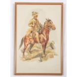 A framed print of an Australian mounted trooper, with bush hat, cartridge bandolier, and Long Lee