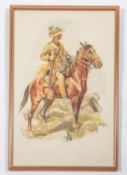 A framed print of an Australian mounted trooper, with bush hat, cartridge bandolier, and Long Lee