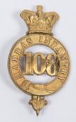 A pre 1881 brass glengarry badge of the 108th Madras Infantry Regiment. GC, (one lug re-