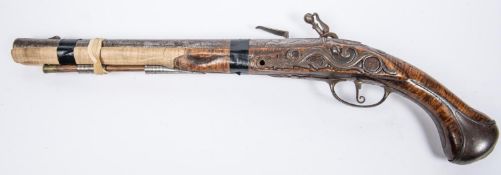 An English 18 bore flintlock holster pistol, c 1690, 20" overall, barrel 13", the breech with wavy