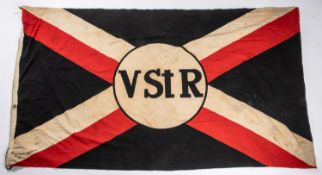 A Third Reich printed flag, 5' x 3', black, white and red with "VSTR" central motif, GC £150-200