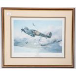 A WWII print of a 'dogfight' entitled "Uneven Odds", by Robert Taylor, complete with numbered
