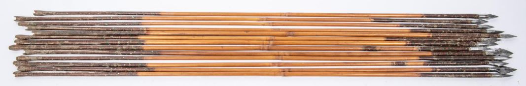 A set of thirteen 18th century Indian arrows, with rectangular section, triangular section, and flat