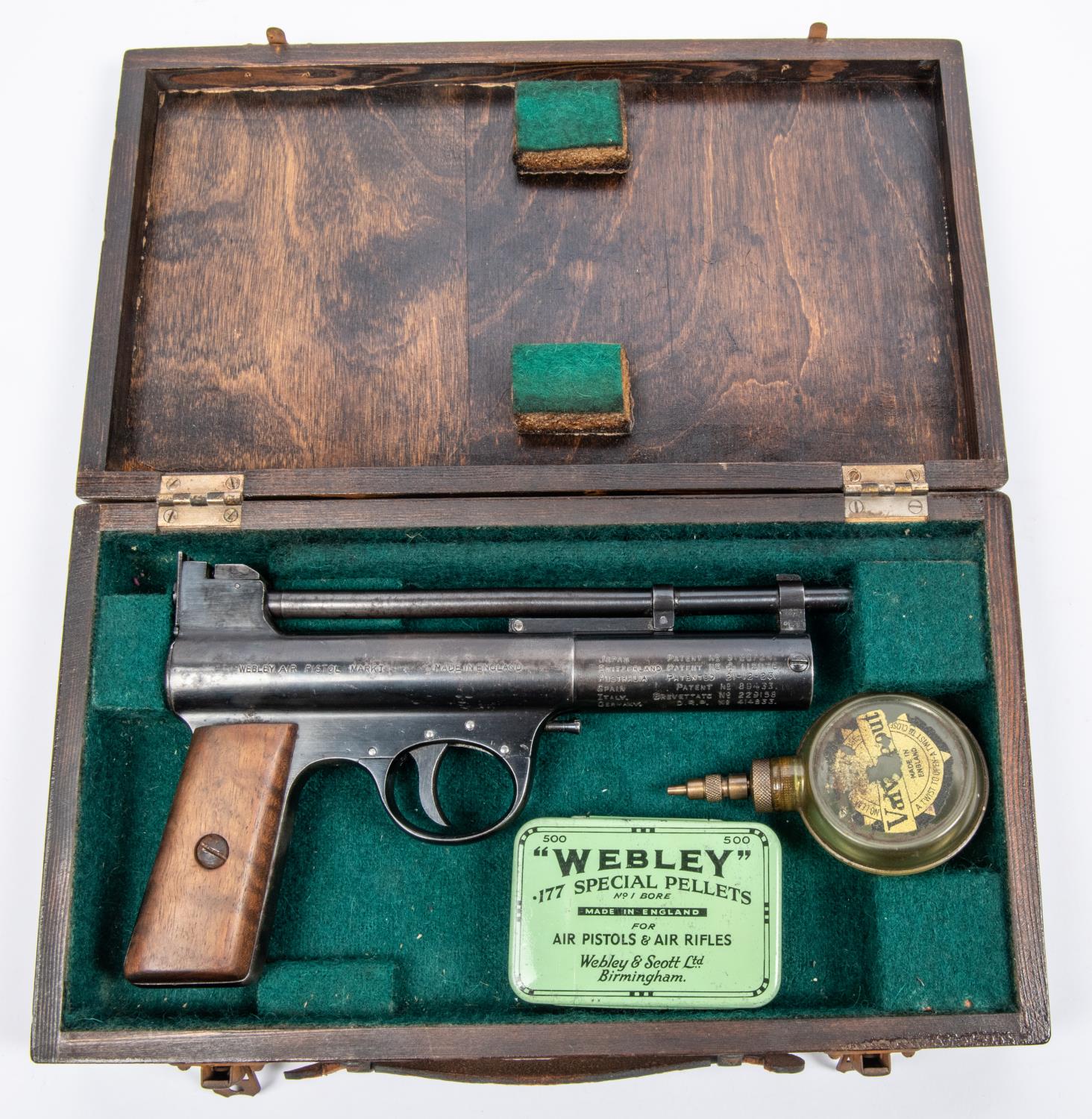 A .177" Webley Mark I air pistol, number 29691 (1928), with full patent dates on both sides of the