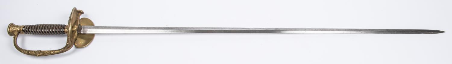 A French officer's epee, c 1880, plain flat diamond section blade 32", brass hilt with double - Image 3 of 3