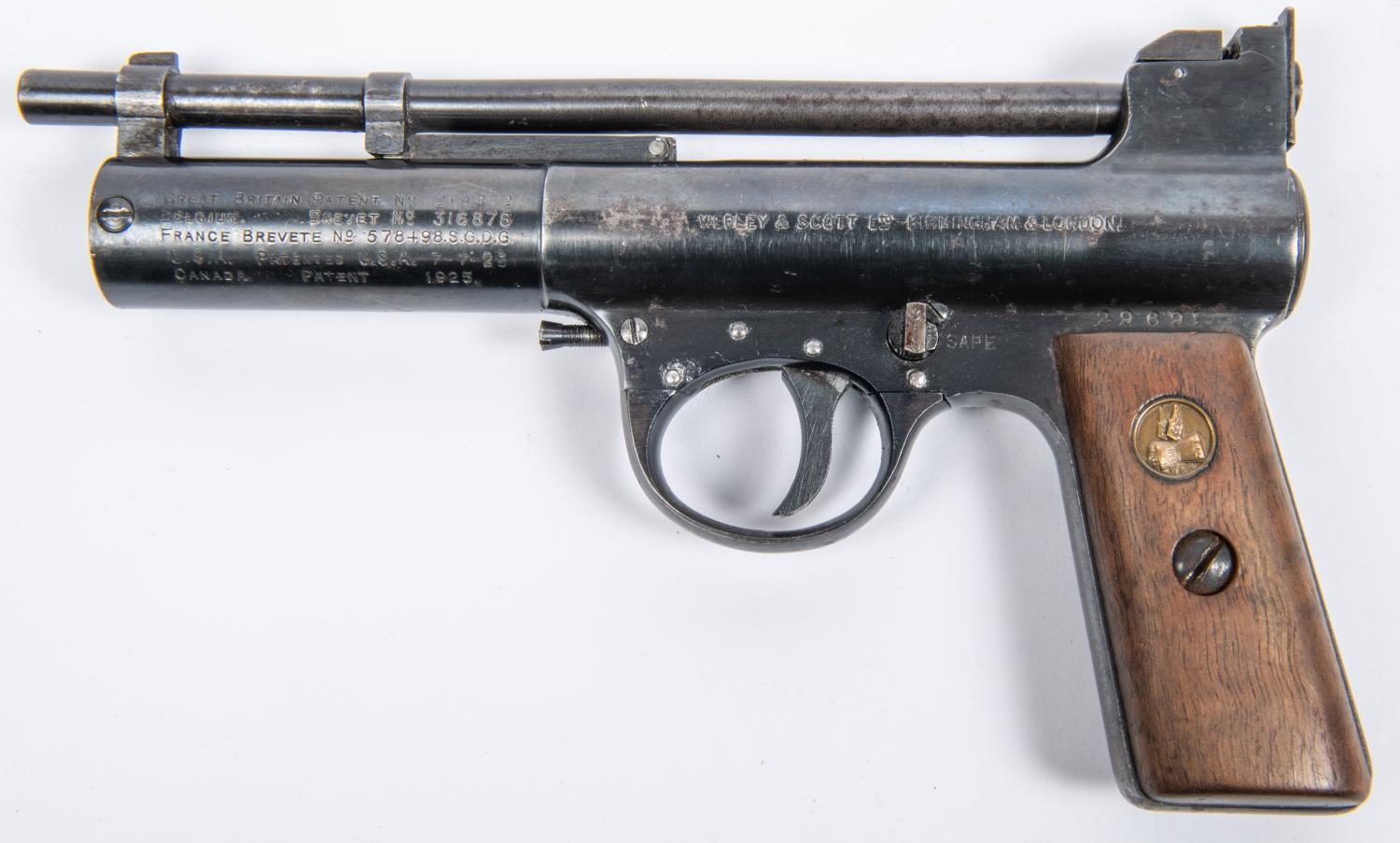 A .177" Webley Mark I air pistol, number 29691 (1928), with full patent dates on both sides of the - Image 5 of 8