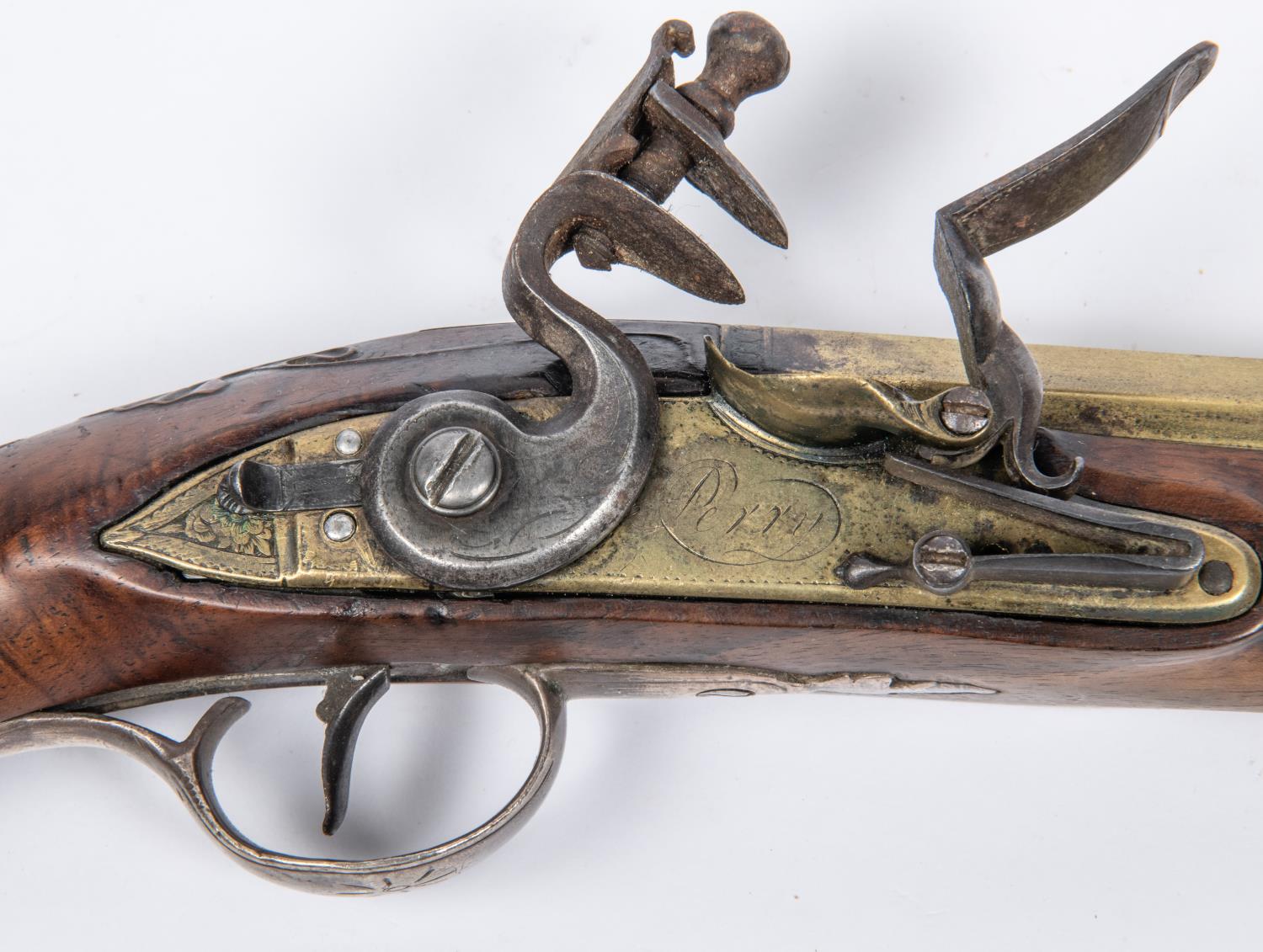 A late 18th century 24 bore silver mounted brass barrelled flintlock holster pistol, 13½" overall, - Image 2 of 6