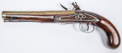 A 20 bore silver mounted brass barrelled flintlock holster pistol, c 1800, 13½" overall, half