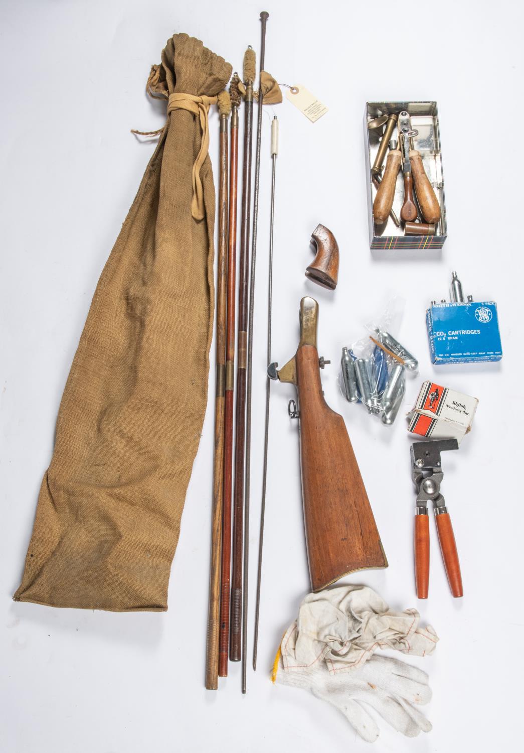 A small quantity of mostly modern gun accessories, including shoulder stock for Colt Army percussion