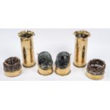 2 Trench Art coal scuttles, made from 18lb shell cases, dated 1916 and 1917; 2 shell case flower