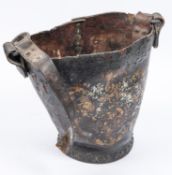 A 19th century leather fire bucket, with traces of later transfer printed coat of arms and leather