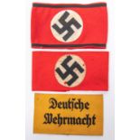 3 Third Reich armbands, 2 party arm bands with applied swastika panels, a yellow "Deutsche