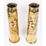 A pair of 3" gun brass shell cases with "Trench Art" embellishment, dated 1916, length 16",