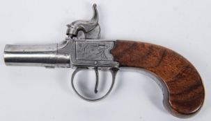 A 50 bore percussion boxlock pocket pistol, 6" overall, turned off barrel 1-5/8" with Birmingham