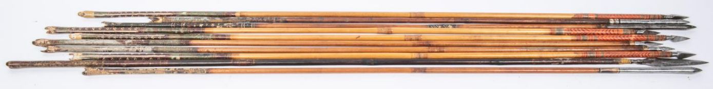 Ten 18th century Indian arrows, including a set of four with small triangular section heads and