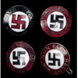 A Third Reich Westmark (Lothr) D.V.G lapel badge; 3 enamelled party badges: "Nur Est Recht", "Heil