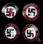 A Third Reich Westmark (Lothr) D.V.G lapel badge; 3 enamelled party badges: "Nur Est Recht", "Heil