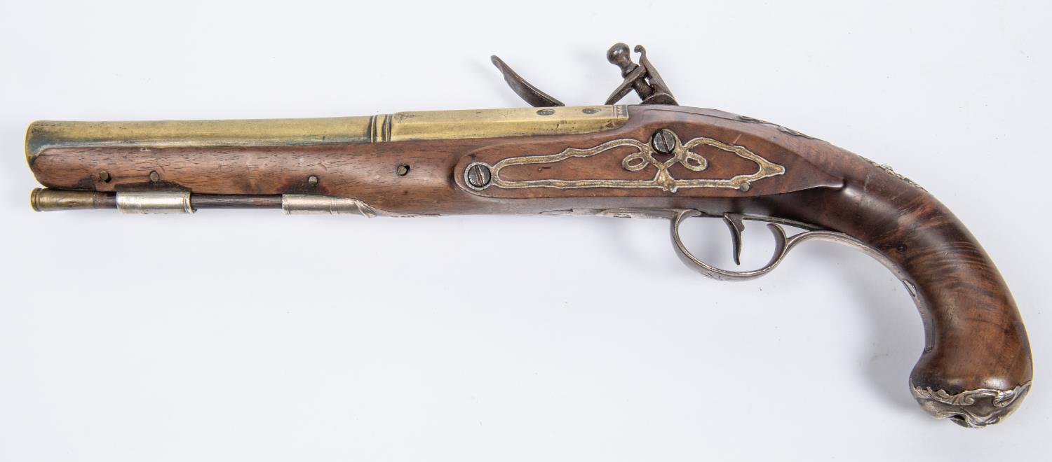 A late 18th century 24 bore silver mounted brass barrelled flintlock holster pistol, 13½" overall, - Image 6 of 6