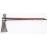 An early 19th century Native North American Indian trade tomahawk pipe, the iron head 9" overall,