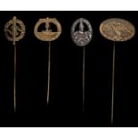 4 Third Reich stick pins: U Boat, Anti Partisans, HJ Sports and one other. GC £40-50.