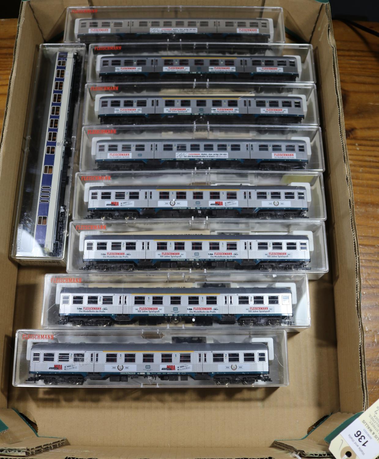 8 Fleischmann HO gauge DB Suburban Passenger Coaches. Most 1st/2nd composite. All in silver livery