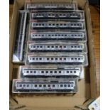8 Fleischmann HO gauge DB Suburban Passenger Coaches. Most 1st/2nd composite. All in silver livery