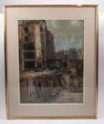 A pastel on paper drawing by Leonard Richmond. Showing bomb damage in London during WWII. Signed