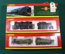 3x Hornby OO gauge locomotives. An LSWR Class T9 4-4-0, 120, in light green (R2892). A BR Merchant