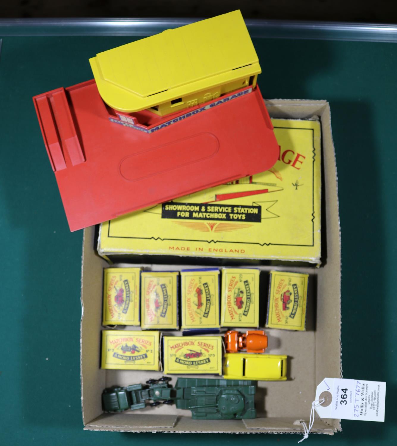 12x Matchbox Series. Including; MG1A; a Matchbox Garage (Showroom & Service Station) with red base