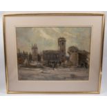 A pastel on paper drawing by Leonard Richmond. Entitled Blitzed Area, St. Nicholas Cole Abbey and