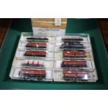 10 Fleischmann HO gauge Freight Wagons. 4x Bogie bulk mineral wagons, variations. Bogie tank