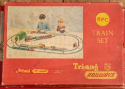 2x scarce Tri-ang Train Sets and another set. An RPC comprising a steeple cab 0-4-0 diesel