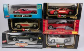 6 1:18 sports cars. 3x Bburago 1984 Ferrari GTO, 1957 Chevrolet Corvette and a 1954 Mercedes Benz