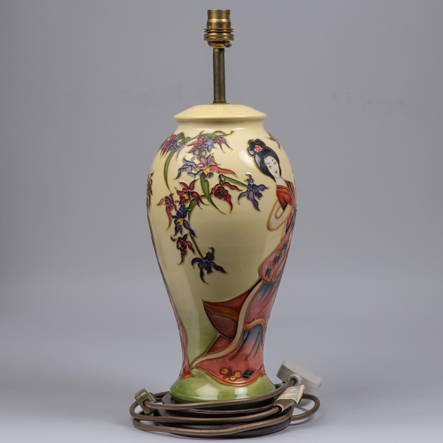 Two Moorcroft pottery lamp vases. One with a Japanese scene and one with a fish design. Overall - Image 4 of 6