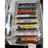 9 Fleischmann HO gauge Freight Wagons. 4x LWB Bogie Box Vans - liveries Opel, Viessmann and 2x