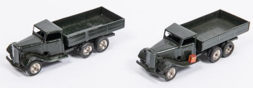 2x Tri-ang Minic tinplate 66M 6-wheel Army Lorries. A pre-war example with Shell Petrol can to
