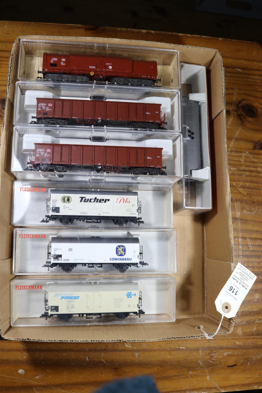 10 Fleischmann HO gauge Freight Wagons. 3x DB 3-axle twin bogie steel product covered wagons. 3x