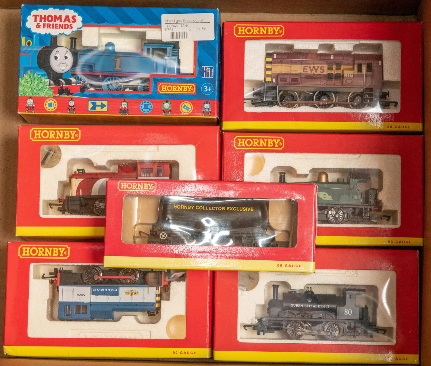 6x Hornby OO gauge locomotives. A Thomas the Tank Engine 0-6-0T (R351). An EWS 0-6-0 diesel