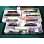 10 Fleischmann HO Gauge Freight Wagons. 3x well wagons, tank wagon, with guards compartment, D.A.P.