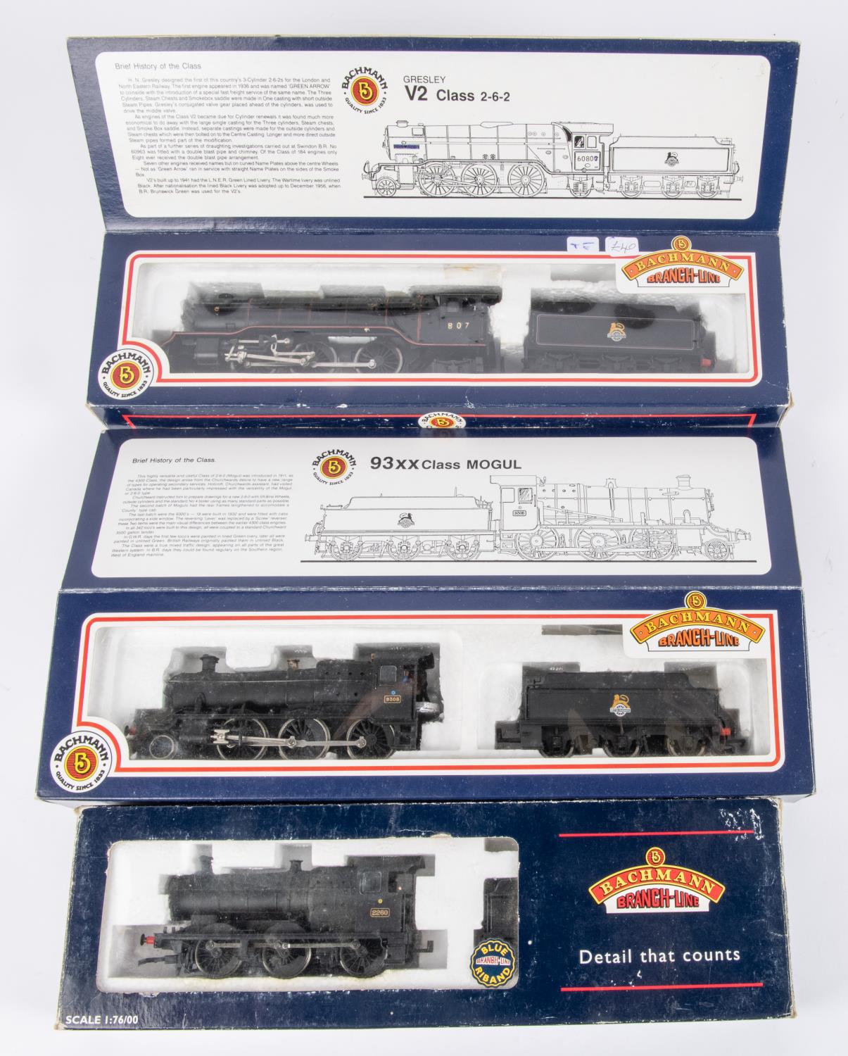 3x Bachmann Branch-line OO gauge BR locomotives. A Class 93xx 2-6-0, 9308, in unlined black (31-