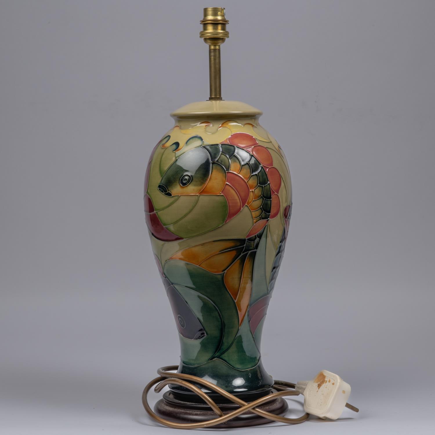 Two Moorcroft pottery lamp vases. One with a Japanese scene and one with a fish design. Overall - Image 2 of 6