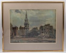 A pastel on paper drawing by Leonard Richmond. Entitled St. Mary le Bow on a label on the back.