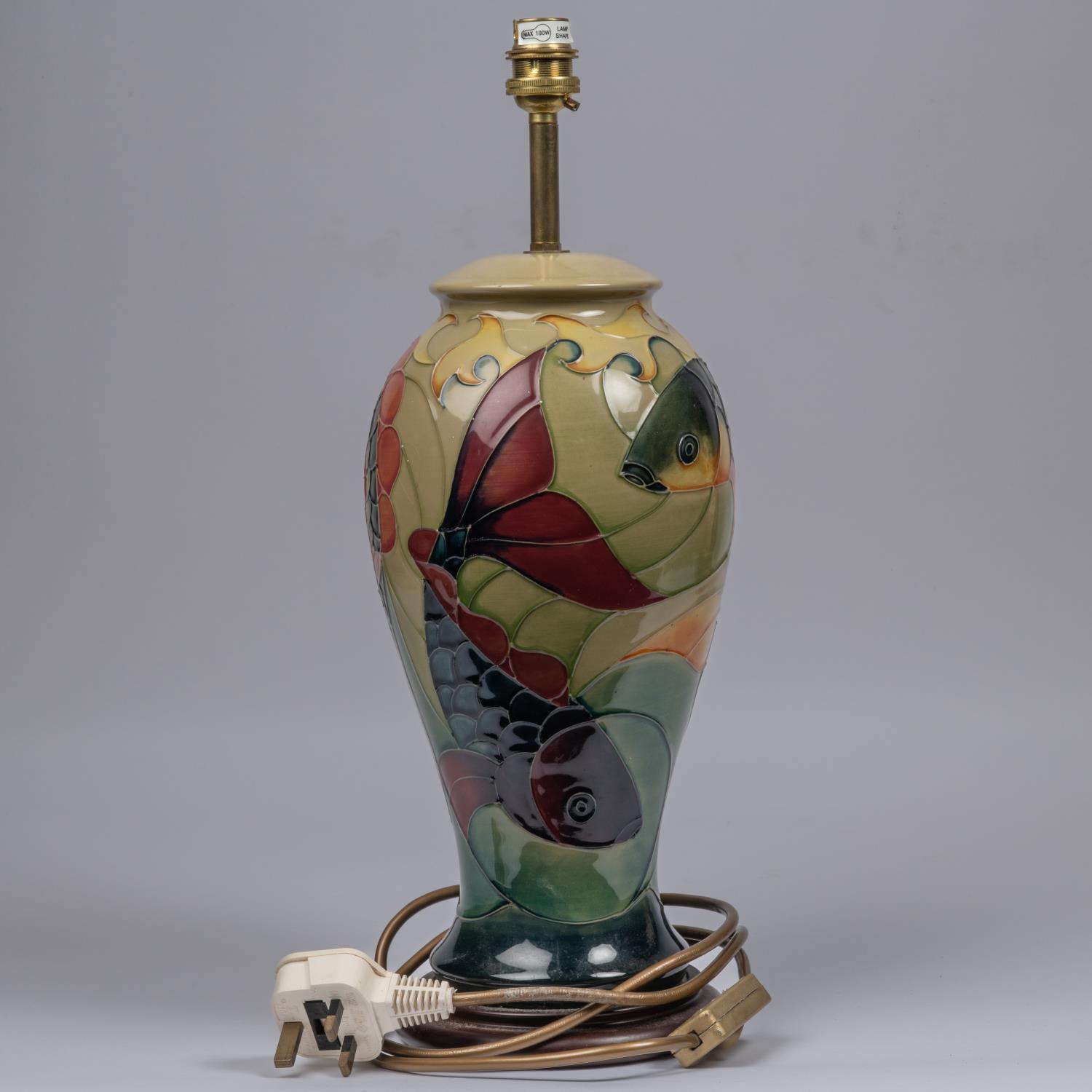 Two Moorcroft pottery lamp vases. One with a Japanese scene and one with a fish design. Overall - Image 3 of 6