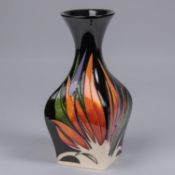 A Moorcroft pottery vase with square body. With Art Deco style leaf forms. Marks to base, JS, AY,